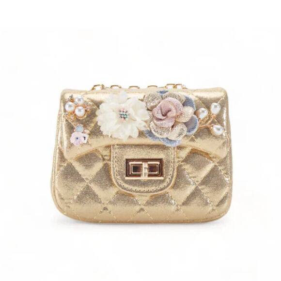 Girl's Gold Quilted Floral Applique Bag Crossbody Chain "DOE A DEAR" - Picture 1 of 7
